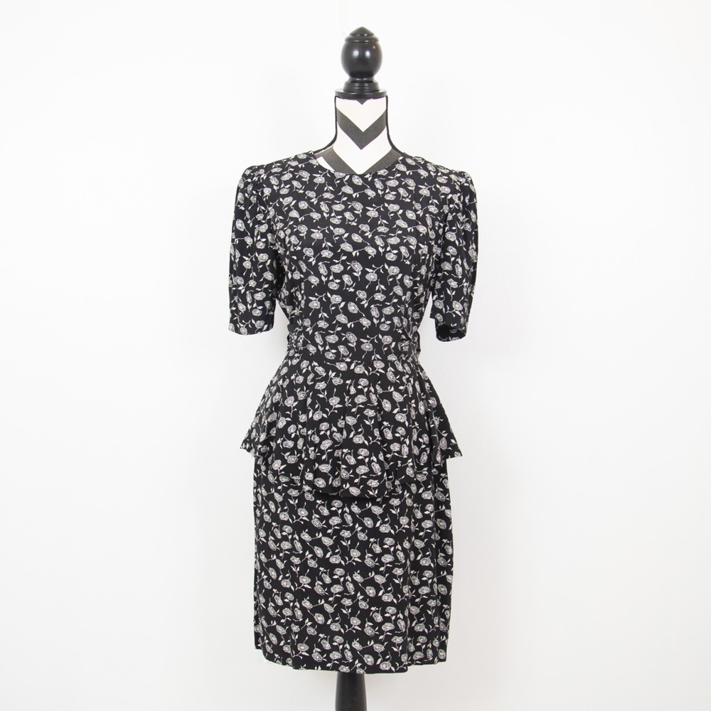 80’s Byer Too Black & White Floral Peplum Dress
